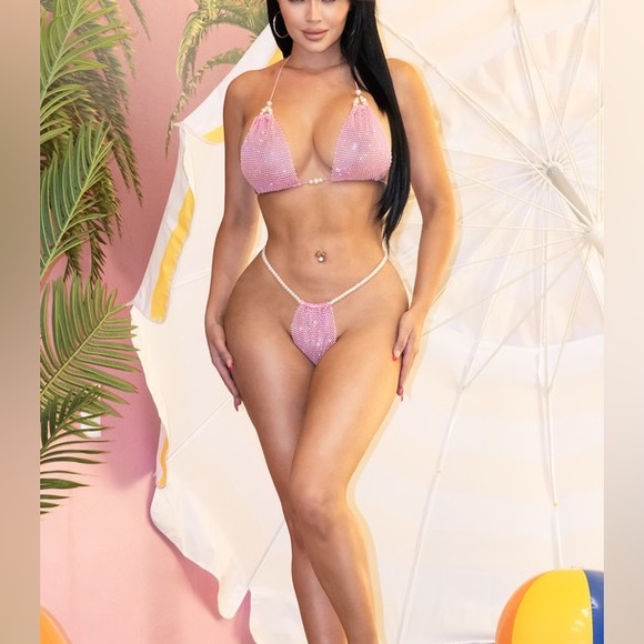 HANA Pink Barbiecore Pearl & Rhinestone Mesh Brazilian Cut Sexy String Bikini - Picture 3 of 7